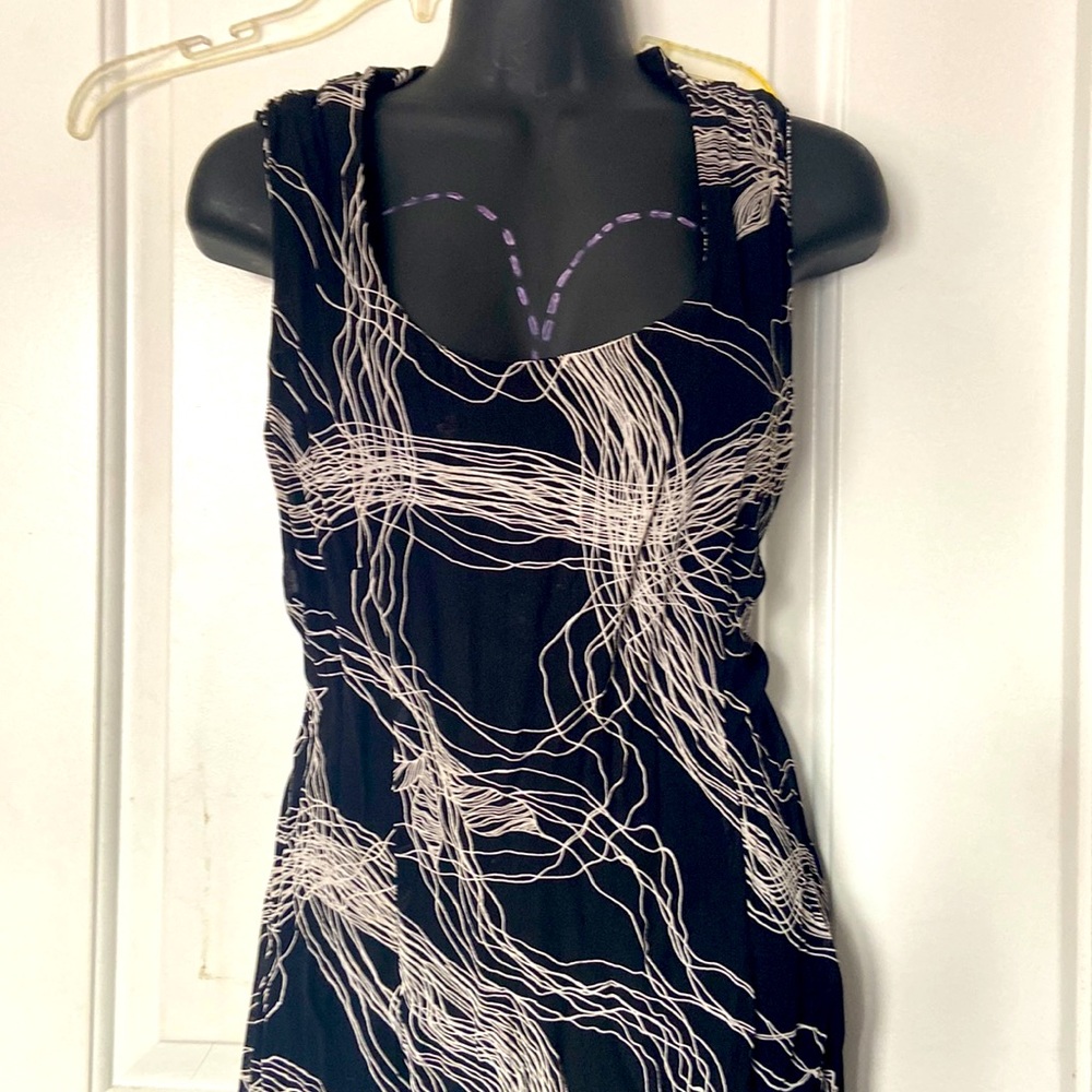 Novissimo ruffled bottom abstract print midi black dress